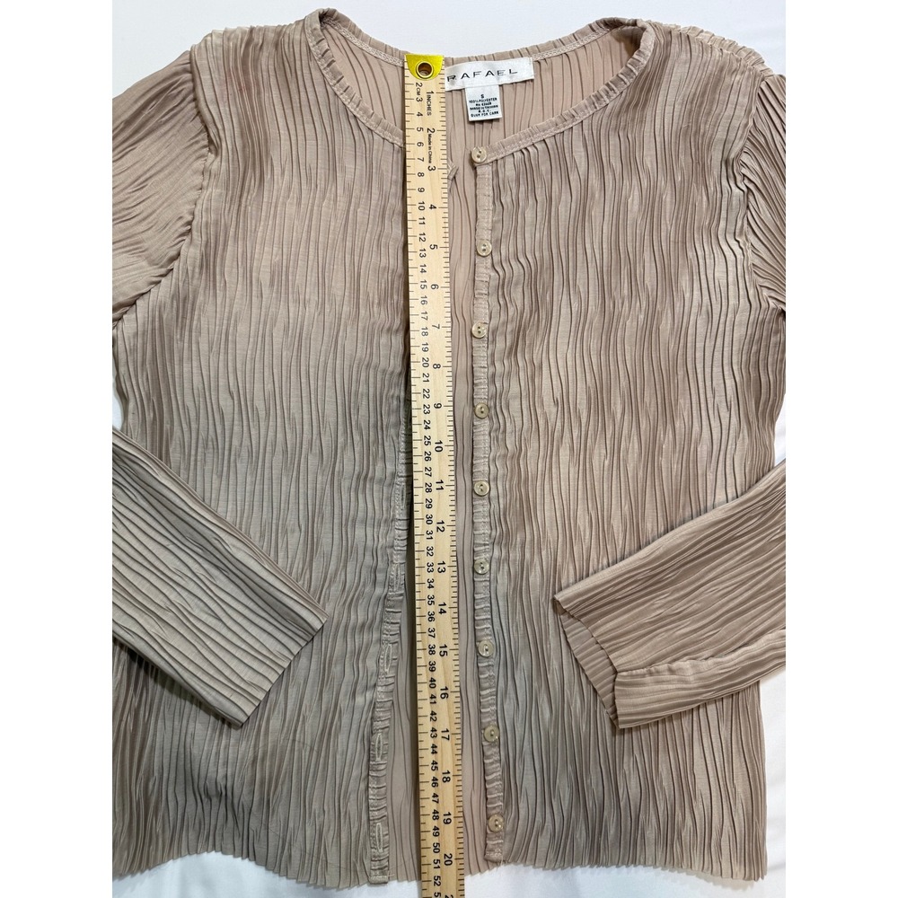 Vintage Rafael Plisse Crinkle Pleated Button Up Cardigan Top Size S Tan Beige - Picture 4 of 6
